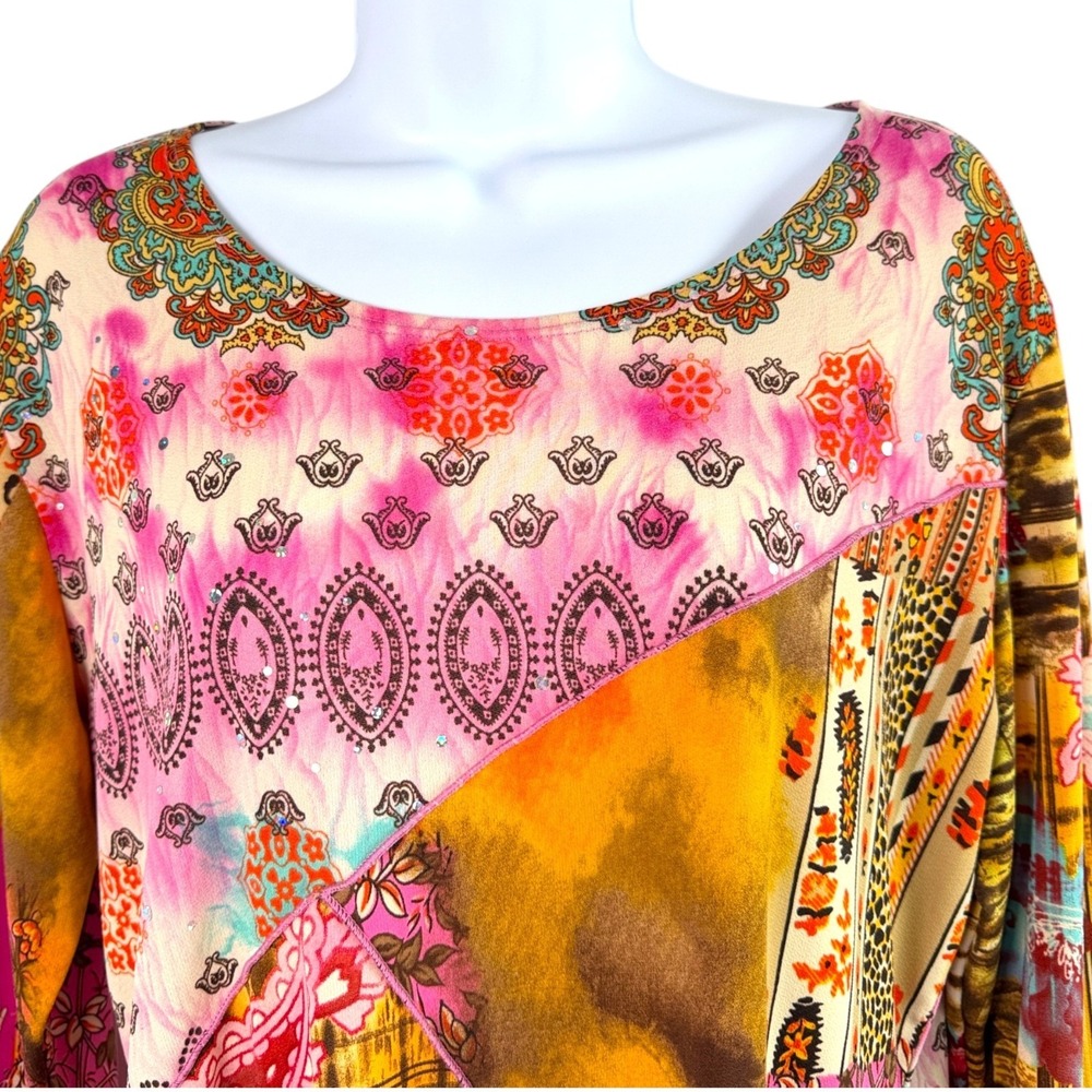 Y2K Caia Patchwork Print Top Sz XL Pink Stretch Boho Indie Hippie Cottage Folksy - Picture 3 of 8